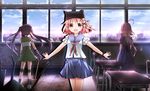  blue_sky broken_window chair classroom cloud desk dress ebisuzawa_kurumi gakkou_gurashi! hair_ornament hairclip hat hat_with_ears highres indoors long_hair looking_at_viewer low_ponytail multiple_girls open_mouth pink_hair purple_dress purple_hair red_eyes risutaru sakura_megumi school_desk school_uniform shirt shovel skirt sky smile takeya_yuki twintails very_long_hair window x_hair_ornament 