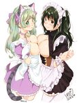  :&lt; animal_ears apron asymmetrical_docking bad_id bad_twitter_id black_hair blush breast_press breasts breasts_outside brown_eyes cat_ears cat_tail corset cropped_legs dated gloves green_eyes green_hair highres kamiyama_aya large_breasts long_hair looking_at_viewer maid maid_headdress multiple_girls ponytail signature simple_background smile tail waist_apron white_background white_gloves wrist_cuffs 