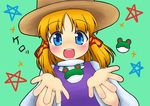  absurdres blonde_hair blue_eyes blush frog hair_ornament hair_ribbon hat highres johnny_(seek_as_1990sp) looking_at_viewer moriya_suwako mountain_of_faith open_mouth outstretched_hand red_ribbon ribbon short_hair simple_background smile solo star teal_background touhou translated 