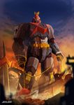  bad_pixiv_id ball blurry chain choudenji_machine_voltes_v depth_of_field highres mecha mugyaclan no_humans realistic rubble science_fiction signature sky super_robot sword voltes_v_(mecha) weapon 
