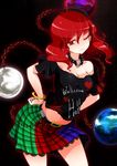 absurdres belt black_background bracelet chain clothes_writing collar earth hecatia_lapislazuli highres jewelry looking_at_viewer midriff miniskirt moon multicolored multicolored_clothes multicolored_skirt navel off_shoulder one_eye_closed plaid plaid_skirt polos_crown raptor7 red_eyes red_hair shirt short_hair short_sleeves simple_background skirt smile solo t-shirt touhou 