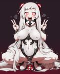  airfield_hime ankle_boots blush boots breasts censored covered_nipples crotchless_panties dildo double_v full_body heart horns huge_breasts kantai_collection long_hair masturbation navel novelty_censor object_insertion open_mouth panties red_eyes shinkaisei-kan solo squatting trembling underwear v vaginal vaginal_object_insertion very_long_hair white_hair yoneya_(nijie) 