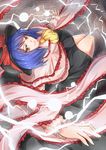  ascot bad_anatomy black_skirt blue_hair capelet energy_ball frilled_shawl frills from_above hat hat_ribbon highres legs_together lightning long_skirt long_sleeves looking_up nagae_iku red_eyes ribbon shawl skirt solo suo_niao thighs touhou 