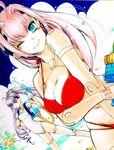  ach alternate_costume artist_request beach bikini breasts busou_shinki cleavage doll_joints large_breasts lavender_hair multiple_girls one-piece_swimsuit one_eye_closed pink_hair red_bikini small_breasts swimsuit water_gun yda 