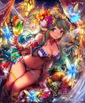  ahoge apple armlet bare_shoulders bikini blue_dress blue_eyes blue_hair breasts cleavage coconut cup daisy dress drinking_glass drinking_straw earrings eyebrows eyebrows_visible_through_hair fairy fairy_wings flower food fruit fruit_bowl fruit_cup grapes green_hair hair_flower hair_ornament head_wreath hibiscus highres jewelry lantern large_breasts lee_hyeseung lemon looking_at_viewer midriff multiple_girls navel official_art orange pineapple pointy_ears shingeki_no_bahamut sitting string_bikini swimsuit tropical_drink wine_glass wings 