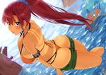  absurdres ass bellows_(suisei_no_gargantia) bikini blue_eyes blush breasts earrings haruno_shuu highres jewelry large_breasts long_hair ponytail red_hair shorts shorts_pull solo suisei_no_gargantia swimsuit tan tanline thong_bikini water 