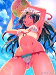  :d armpits arms_up ass_visible_through_thighs ball beachball bikini black_hair blush breasts cameltoe cloud covered_nipples day from_below head_wreath holding holding_ball lens_flare long_hair looking_at_viewer looking_down lowleg lowleg_bikini navel official_art open_mouth purple_eyes see-through sky small_breasts smile solo sparkle sun sunlight swimsuit underboob valhalla_valkyries watermark wet zasha 