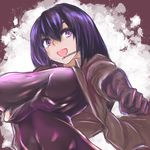 breasts character_request grabbing headset highres huge_breasts jacket kojima_(blue_stardust) large_breasts long_hair magnolia:zero_-schoolgirl_agent- open_mouth punching purple_eyes purple_hair self_fondle skin_tight smile solo 