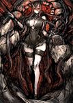  battleship_hime black_dress black_hair breasts cleavage dress full_body glowing glowing_eyes horns kantai_collection large_breasts long_hair looking_at_viewer moto_murabito red_eyes shinkaisei-kan solo white_skin 