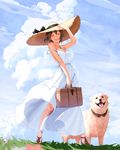  aircraft airship black_hair closed_eyes cloud day dog dress hat jewelry nanahime necklace open_mouth original short_hair sky smile solo strap_slip straw_hat summer sun_hat sundress 