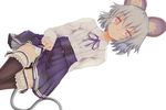  alternate_costume animal_ears black_legwear blush bow dutch_angle frilled_legwear grey_hair ishikkoro long_sleeves looking_at_viewer mouse_ears mouse_tail nazrin red_eyes short_hair simple_background skirt skirt_lift solo tail thighhighs touhou white_background zettai_ryouiki 