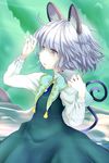  adapted_costume alternate_costume animal animal_ears animal_on_shoulder capelet dress grey_hair highres ishikkoro jewelry long_sleeves looking_away mouse mouse_ears mouse_tail nazrin necklace open_mouth red_eyes short_hair solo tail touhou 