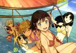  3girls :d ;) absurdres amy_(suisei_no_gargantia) bangle bangs bare_legs barefoot bike_shorts bikini black_hair blue_eyes blush bracelet breasts brown_eyes brown_hair day earrings floral_print front-tie_bikini front-tie_top grey_hair hair_ribbon hair_tubes hang_gliding hawaiian_shirt hidari_(left_side) highres horizon jewelry large_breasts ledo_(suisei_no_gargantia) lens_flare long_hair looking_at_viewer low-tied_long_hair medium_breasts melty_(suisei_no_gargantia) multiple_girls navel ocean ok_sign one_eye_closed open_clothes open_mouth open_shirt outdoors pink_bikini red_bikini red_ribbon ribbon saaya_(suisei_no_gargantia) shirt side-tie_bikini sidelocks sky small_breasts smile striped striped_bikini striped_swimsuit suisei_no_gargantia swimsuit toned toned_male twintails yellow_bikini 