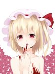 blonde_hair blood bloody_hands blush fangs fingernails flandre_scarlet floral_background flower hat hat_ribbon highres long_fingernails looking_at_viewer mob_cap nude open_mouth red_eyes ribbon short_hair side_ponytail solo surota tongue tongue_out touhou upper_body white_background 