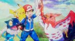  1boy frogadier high_five pikachu pokemon satoshi_(pokemon) sky talonflame 
