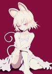  albino alternate_costume animal_ears barefoot blush dress highres ishikkoro looking_at_viewer looking_to_the_side mouse_ears mouse_tail nazrin open_mouth red_background red_eyes short_hair simple_background sitting sleeveless smile solo spot_color tail touhou white_hair 