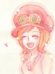  eyes_closed goggles goggles_on_hat gradient gradient_background hat heart koala_(one_piece) one_piece open_mouth short_hair smile solo 