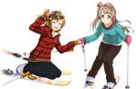  ^_^ ahoge closed_eyes coat earmuffs fingerless_gloves fur_collar gloves goggles goggles_on_head grey_hair holding_hands kousaka_honoka long_hair looking_at_another love_live! love_live!_school_idol_festival love_live!_school_idol_project minami_kotori mittens multiple_girls non-web_source official_art one_side_up orange_hair plaid_jacket pom_pom_(clothes) scrunchie short_hair sitting ski_gear ski_goggles skiing skis smile transparent_background winter_clothes yellow_eyes yellow_gloves 