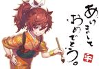  akeome animal_ears calligraphy_brush cuffs grin hair_ornament hand_on_hip happy_new_year holding horse_ears horse_girl japanese_clothes kikugetsu kimono left-handed looking_at_viewer new_year obi original paintbrush ponytail red_eyes red_hair sash smile solo stamp tasuki 