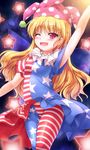  american_flag_dress american_flag_legwear arm_up blonde_hair clownpiece dress fairy_wings hat highres jester_cap long_hair lzh one_eye_closed open_mouth pantyhose pink_eyes print_dress smile solo star striped striped_dress striped_legwear touhou upskirt wings 