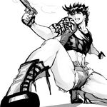  black_lagoon boots cosplay denim denim_shorts fingerless_gloves gloves greyscale gun holster jojo_no_kimyou_na_bouken joseph_joestar_(young) male_focus midriff monochrome revy_(black_lagoon) revy_(black_lagoon)_(cosplay) short_shorts shorts shoulder_holster solo squatting sujiko_(125motimoti) tattoo weapon 