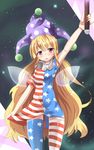  alternate_legwear american_flag_dress american_flag_legwear arm_up blonde_hair blush clownpiece fairy_wings hat highres jester_cap long_hair looking_at_viewer ningen_no_kuzu open_mouth print_legwear red_eyes short_sleeves solo star striped striped_legwear thighhighs touhou wings zettai_ryouiki 