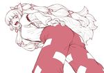  ass bow breasts commentary_request fujiwara_no_mokou hair_bow hair_ornament hair_ribbon long_hair long_sleeves looking_down open_mouth pants puffy_sleeves red_eyes ribbon shirt simple_background solo space_jin spot_color sweatdrop touhou white_background white_hair 
