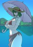 bikini blurry breasts commentary_request covered_nipples depth_of_field green_hair hat hat_ribbon highres huge_breasts kazami_yuuka looking_at_viewer looking_to_the_side midriff navel parasol plaid plaid_bikini red_bikini red_eyes ribbon sarong short_hair short_sleeves sideboob solo space_jin strap_gap straw_hat swimsuit touhou umbrella underboob 