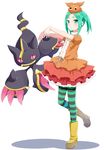  aqua_hair bad_id bad_pixiv_id banette crossover dress eyebrows gen_3_pokemon green_eyes hat mega_banette mega_pokemon monogatari_(series) nisemonogatari ononoki_yotsugi pantyhose pokemon pokemon_(creature) short_hair striped striped_legwear twintails yamae_saki 