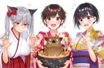  3girls :d animal animal_ears bangs black_hair blush boar bow bowl breasts brown_eyes brown_hair cat_ears chinese_zodiac claw_pose closed_mouth commentary_request eyebrows_visible_through_hair fang floral_print flying_sweatdrops food hair_between_eyes hair_bow hakama hand_up hands_up heart holding holding_bowl japanese_clothes kimono large_breasts long_hair long_sleeves looking_at_viewer multiple_girls new_year o_o obi open_mouth print_kimono purple_eyes red_bow red_eyes red_hakama sash shimashima08123 shiny shiny_hair short_hair sidelocks silver_hair simple_background smile soup sparkle splashing tears tokyo_exe_girls unmoving_pattern upper_body upper_teeth wavy_mouth white_background white_kimono wide_sleeves year_of_the_pig 