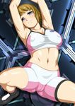  ankle_boots armpits arms_up bangs bike_shorts blue_eyes blush boots breasts brown_hair cameltoe covered_nipples embarrassed from_above frown gundam gundam_build_fighters gundam_build_fighters_try head_tilt high_ponytail highres hoshino_fumina large_breasts looking_at_viewer lying midriff navel on_back ponytail raised_eyebrows shiny shiny_skin sideboob skin_tight solo sports_bra spread_legs sweat taut_clothes thighs trefoil yanagi_hirohiko 