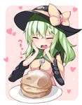  bow closed_eyes cream_puff food green_hair hands_on_own_cheeks hands_on_own_face hat hat_bow heart komeiji_koishi long_hair long_sleeves ominaeshi_(takenoko) plate shirt solo touhou upper_body wide_sleeves 