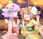  ;d bell blush_stickers candy_apple corndog eating fan flower food fox_mask hair_bell hair_flower hair_ornament hieda_no_akyuu japanese_clothes kikurage_(sugi222) kimono lantern mask motoori_kosuzu multiple_girls one_eye_closed open_mouth orange_eyes orange_hair paper_fan purple_eyes purple_hair skewer smile touhou uchiwa v water_yoyo yukata 