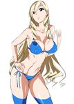  bad_id bad_pixiv_id bikini blonde_hair blue_bikini blue_eyes blue_legwear breasts celia_kumani_entory cleavage covered_nipples cowboy_shot curly_hair hand_on_hip large_breasts long_hair navel parted_lips shino_(comic_penguin_club) side-tie_bikini simple_background solo swimsuit thighhighs walkure_romanze white_background 