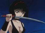  animated animated_gif black_hair breasts cleavage female hair_ribbon inuyasha katana licking ninja purple_eyes ribbon sexually_suggestive short_hair solo sword tongue tongue_out weapon yura_of_the_hair 