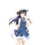  bangs blue_hair brown_eyes dress fan flower hair_between_eyes hat hat_flower hat_ribbon holding holding_fan long_hair looking_at_viewer love_live! love_live!_school_idol_project non-web_source official_art ribbon sleeveless sleeveless_dress solo sonoda_umi sun_hat sunflower transparent_background 