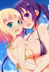  9law aqua_eyes asymmetrical_docking bare_shoulders bikini blonde_hair blue_bikini blush breast_press breasts gochuumon_wa_usagi_desu_ka? kirima_sharo large_breasts long_hair looking_at_viewer multiple_girls open_mouth purple_eyes purple_hair short_hair sweat swimsuit tedeza_rize twintails yellow_bikini yuri 