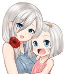  :d bangs_pinned_back bare_shoulders blue_eyes blunt_ends commentary_request eyebrows_visible_through_hair eyes_visible_through_hair flower hair_flower hair_ornament hairclip hamakaze_(kantai_collection) highres kantai_collection long_hair looking_at_viewer mother_and_daughter multiple_girls older open_mouth pink_outline red_flower short_hair simple_background sin_(kami148) sleeveless smile upper_body white_background white_hair 