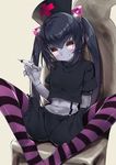  ass black_hair chair chrome_(mon-musu_quest!) crop_top demon_girl hat horns long_hair md5_mismatch midriff mon-musu_quest! navel nurse_cap pantyhose pink_eyes puffy_shorts red_cross ringed_eyes shorts sitting smile solo spread_legs striped striped_legwear suspenders syringe twintails very_long_hair yappen 
