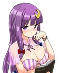  blush book bow breasts cleavage covered_nipples crescent crescent_hair_ornament hair_bow hair_ornament large_breasts long_hair looking_at_viewer patchouli_knowledge purple_eyes purple_hair simple_background solo touhou upper_body white_background zaxwu 