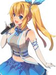  1girl :d armpits bangs bare_shoulders blonde_hair blue_eyes blue_neckwear blue_skirt blush bow bowtie bra_strap chiharu_(9654784) collared_shirt commentary_request elbow_gloves eyebrows_visible_through_hair gloves grey_shirt hair_between_eyes hair_ornament hand_up head_tilt highres holding holding_microphone long_hair looking_at_viewer microphone midriff miniskirt mirai_akari mirai_akari_project navel open_mouth pinky_out ribbed_shirt shirt side_ponytail sidelocks simple_background skirt sleeveless sleeveless_shirt smile solo upper_teeth vest virtual_youtuber white_background white_gloves white_vest 