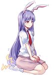  animal_ears bunny_ears long_hair necktie pain puffy_short_sleeves puffy_sleeves purple_hair red_eyes reisen_udongein_inaba seiza shirt short_sleeves sitting skirt solo touhou trembling uranaishi_(miraura) very_long_hair 