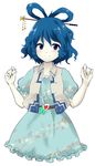  blue_dress blue_eyes blue_hair dress hair_ornament hair_rings hair_stick highres kaku_seiga oota_jun'ya_(style) open_clothes open_vest solo touhou uranaishi_(miraura) vest 