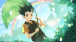  1boy bush child commentary gon_freecss green_hair highres hunter_x_hunter leaf looking_at_viewer male_focus morning outdoors paper_airplane rainbow shine_cheese solo spiked_hair umbrella yellow_eyes 