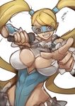  blue_leotard breasts grin highres large_breasts leotard long_hair mask microphone pointing rainbow_mika sketch smile solo sowel_(sk3) street_fighter street_fighter_v twintails very_long_hair 
