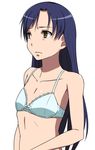  blue_bra blue_hair bra brown_eyes collarbone flat_chest idolmaster idolmaster_(classic) kisaragi_chihaya long_hair looking_to_the_side puge simple_background solo underwear upper_body white_background 