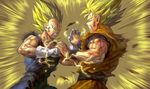  aura blonde_hair blood bruise dirty dragon_ball dragon_ball_z electricity facial_mark forehead_mark gloves green_eyes grin highres injury kim_yura_(goddess_mechanic) majin_vegeta male_focus md5_mismatch multiple_boys shirt smile son_gokuu struggling super_saiyan super_saiyan_2 torn_clothes torn_shirt vegeta white_gloves wristband 