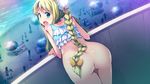  ass beach beach_umbrella bent_over bikini bikini_bottom_removed bikini_top blonde_hair blue_eyes blush bottomless braid censored dutch_angle eleanor_est_rothschild exhibitionism frilled_bikini frills game_cg long_hair looking_at_viewer looking_back mahan maou_no_kuse_ni_namaiki_da! mosaic_censoring night ocean open_mouth parasol polka_dot polka_dot_bikini polka_dot_swimsuit solo_focus swimsuit umbrella 