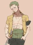  1boy enies_lobby green_hair haramaki male_focus one_piece open_shirt roronoa_zoro scar shirt simple_background solo 