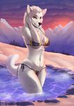  bikini canine clothed clothing female fur looking_at_viewer mammal skimpy solo swimsuit water white_fur wolf wyla 